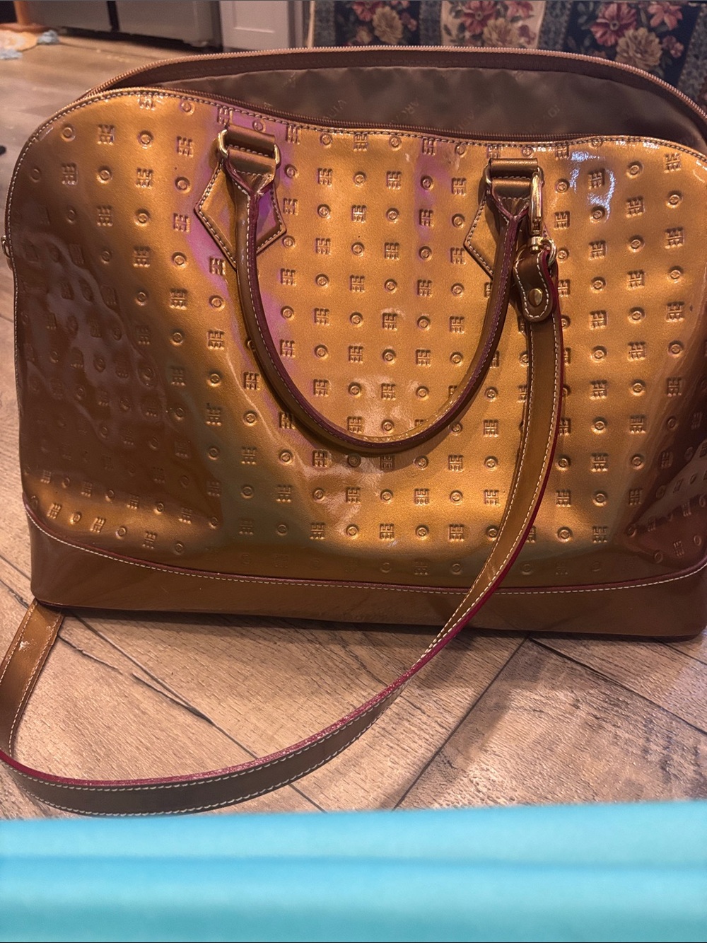 Arcadia Metallic Copper Patent Satchel with Embossed Dot Texture